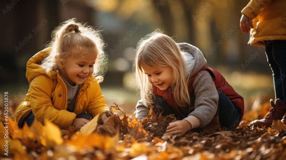 Children playing with fall leaves outside