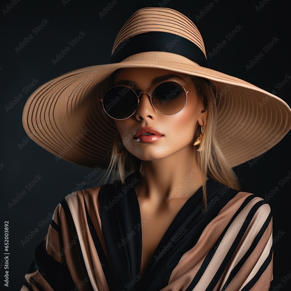 Fashionable woman in oversized hat and sunglasses