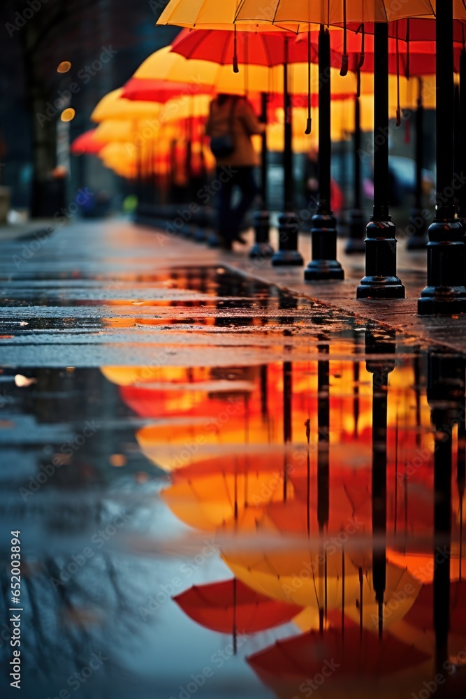 Rainy weather, colorful umbrellas, puddles, reflections