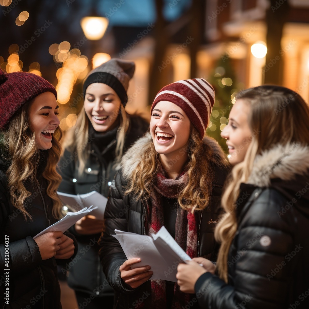 Cheerful group caroling in the neighborhood