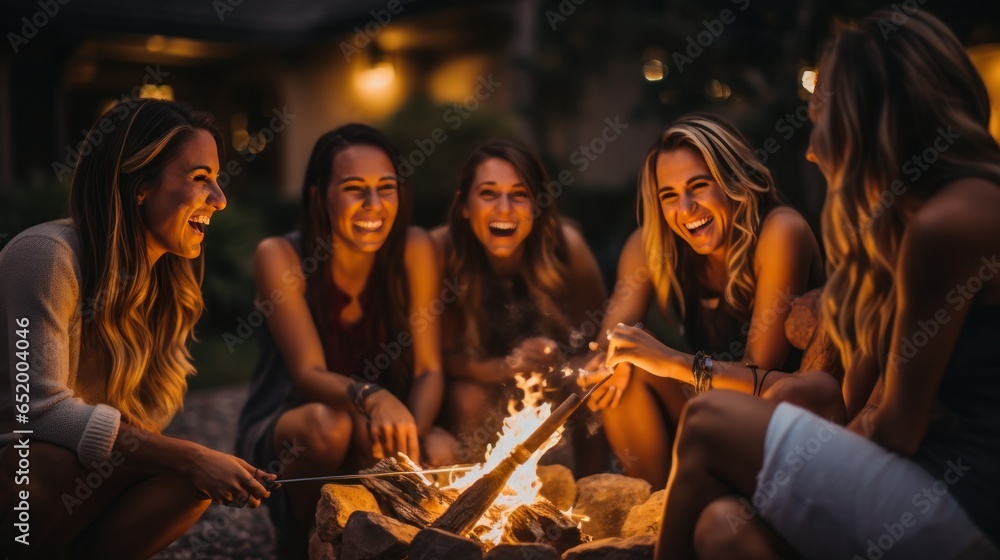 Friends roasting marshmallows by fire pit