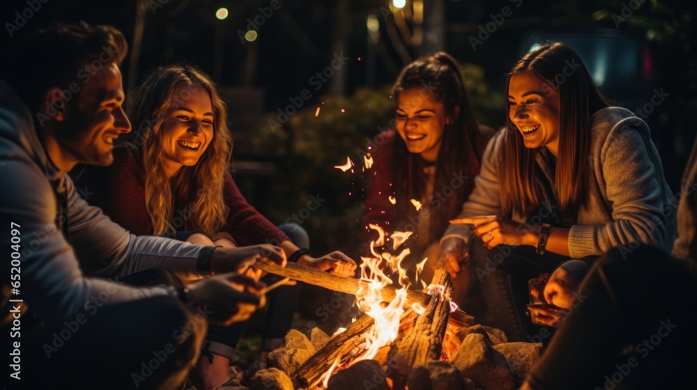 Friends roasting marshmallows by fire pit