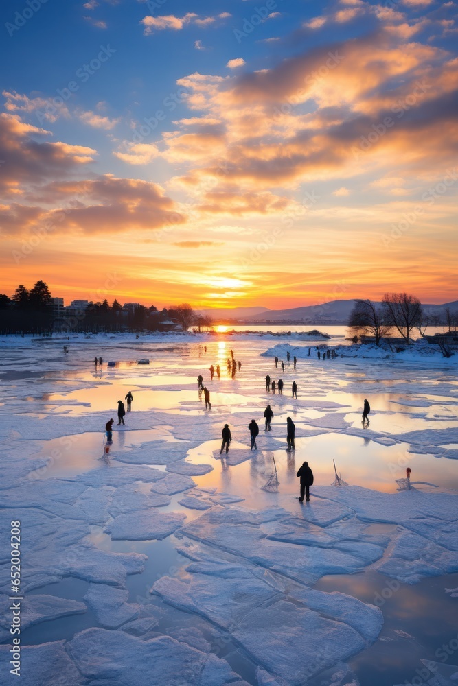 Group of people ice skating on frozen lake