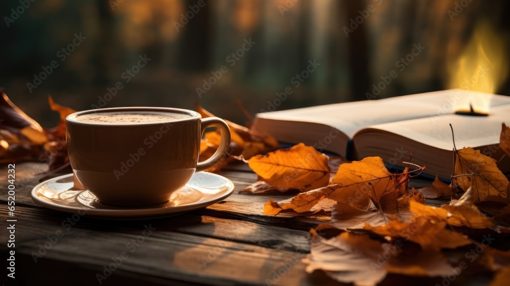 Cozy sweater, hot drink, fall foliage, book