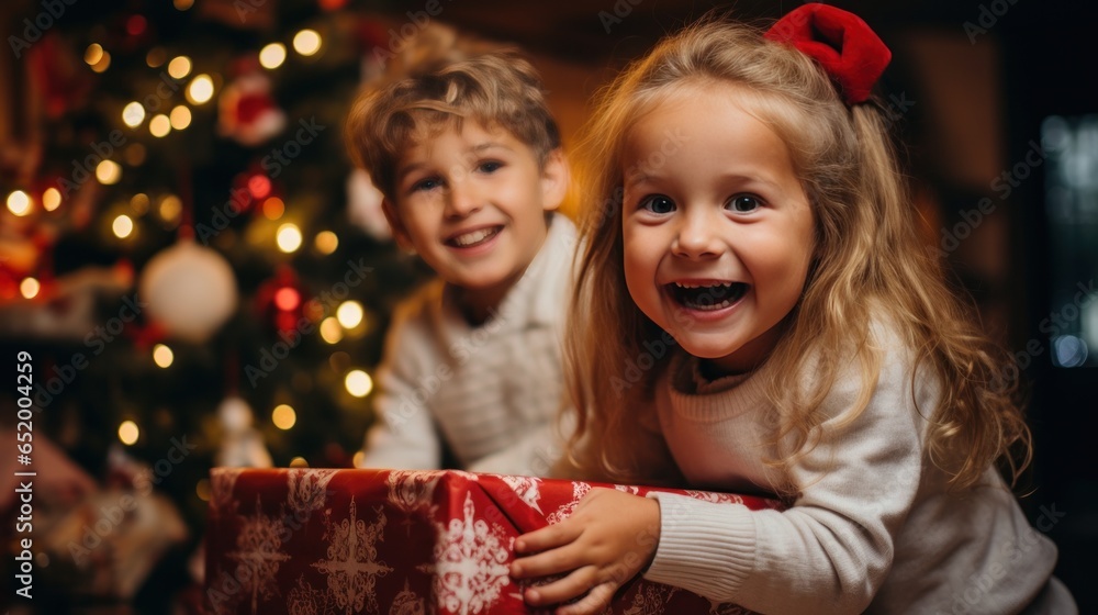 Excited children opening their presents on Christmas morning