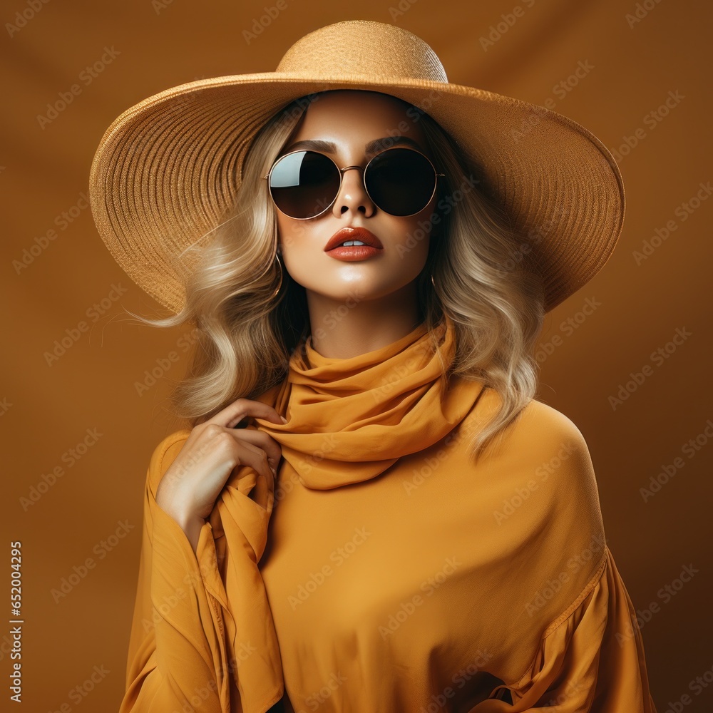 Fashionable woman in oversized hat and sunglasses