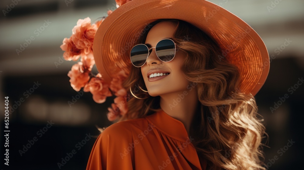 Fashionable woman in oversized hat and sunglasses