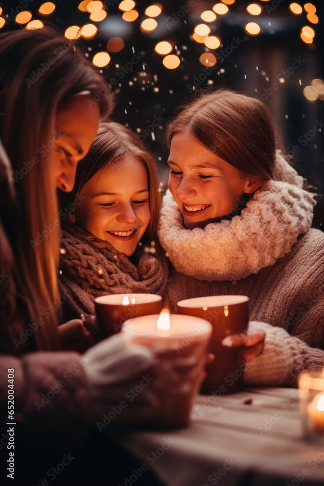 Happy family drinking hot chocolate in winter