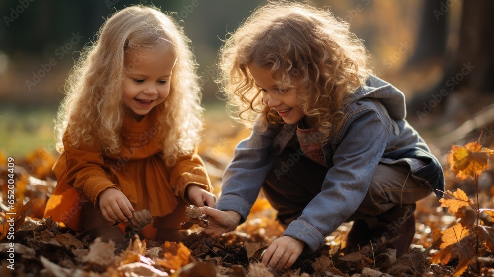 Children playing with fall leaves outside