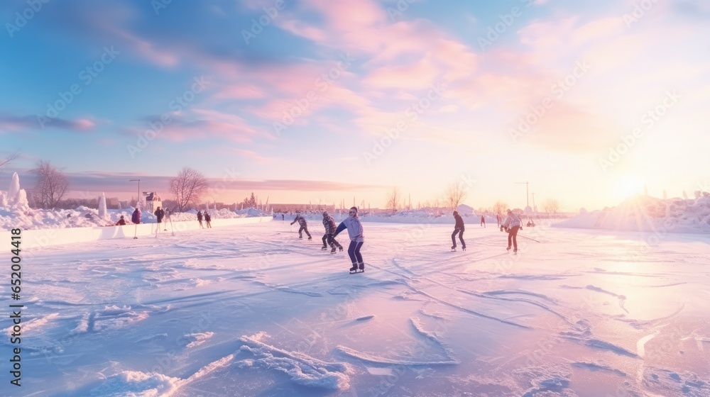 Group of people ice skating on frozen lake