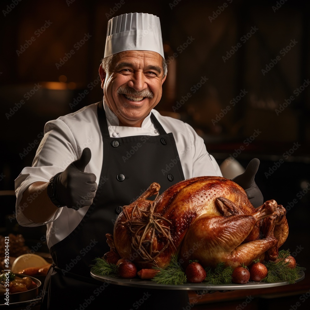 Chef holding turkey with proud expression