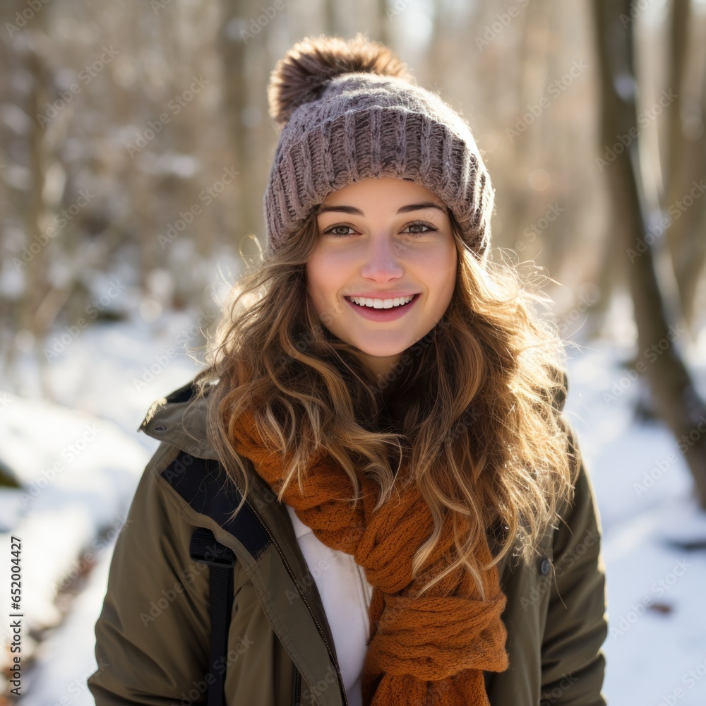 Woman with scarf and hat in snowy forest