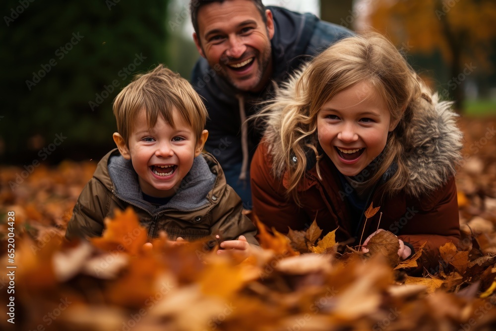 Family playing in leaves in backyard