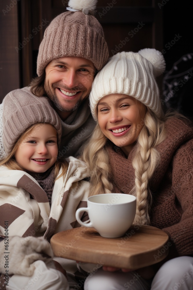 Happy family drinking hot chocolate in winter