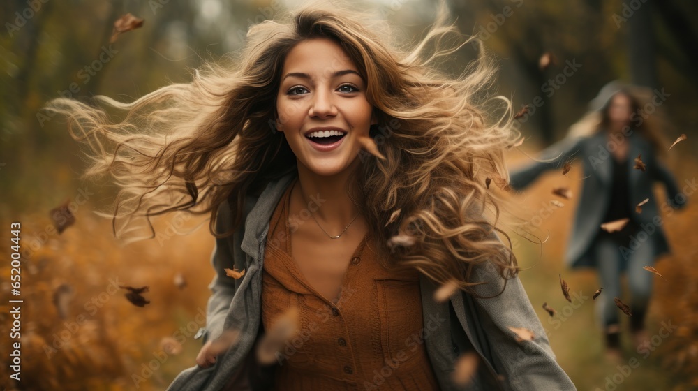 Woman running through field with falling leaves