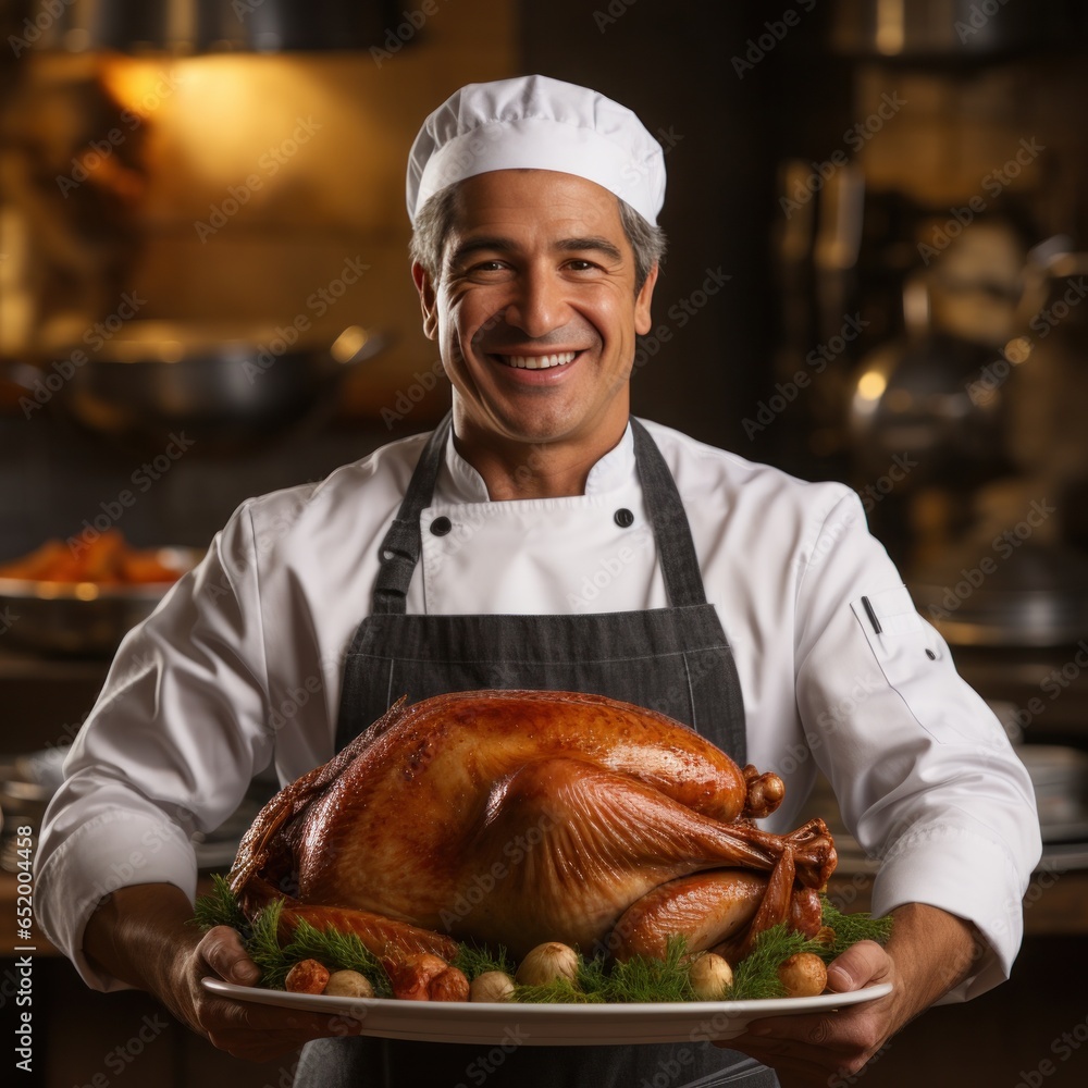 Chef holding turkey with proud expression