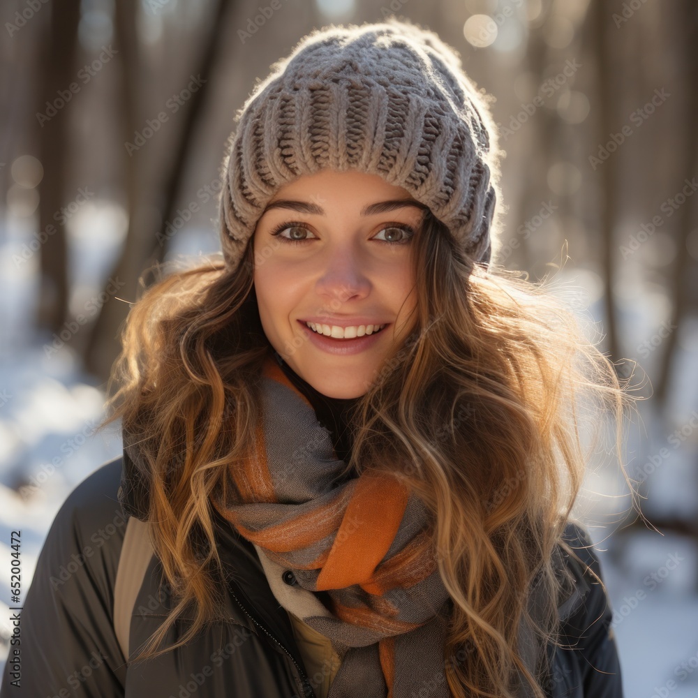 Woman with scarf and hat in snowy forest