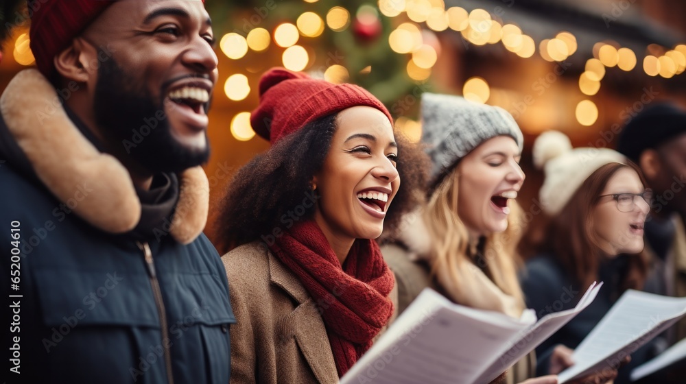 Cheerful group caroling in the neighborhood