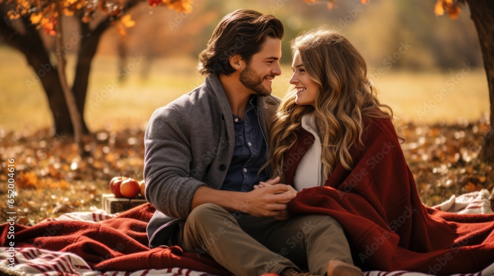 Couple on picnic blanket with autumn scenery