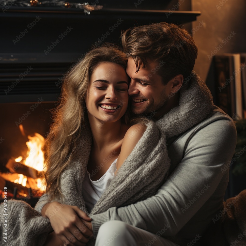 Couple cuddling by a cozy fireplace