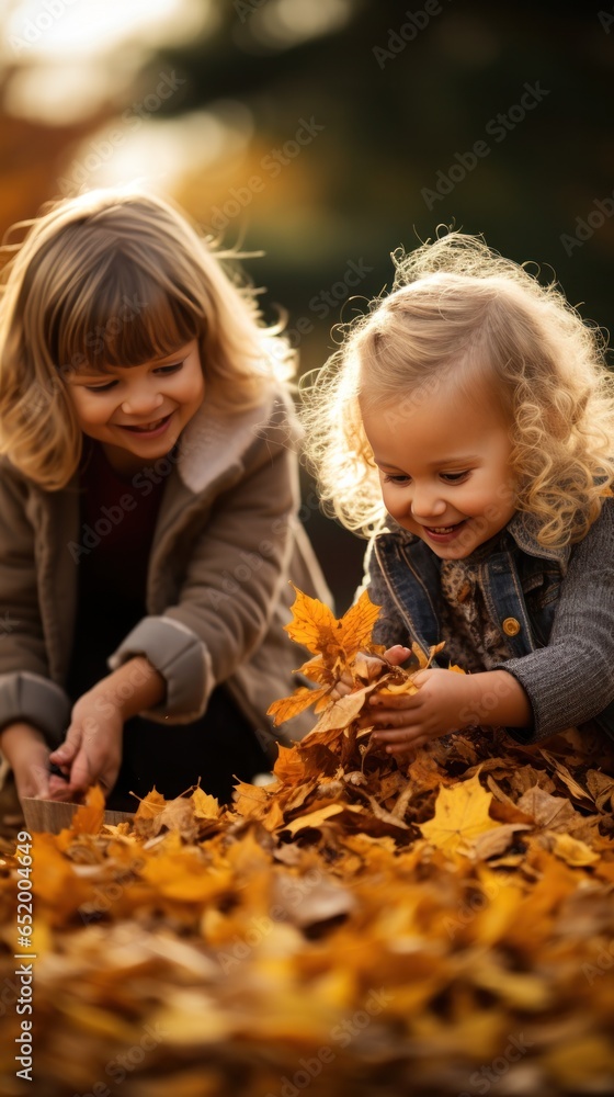 Children playing with fall leaves outside