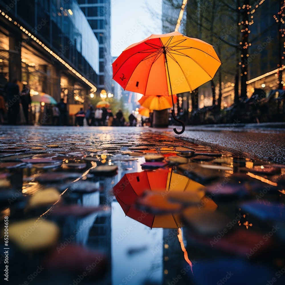 Rainy weather, colorful umbrellas, puddles, reflections