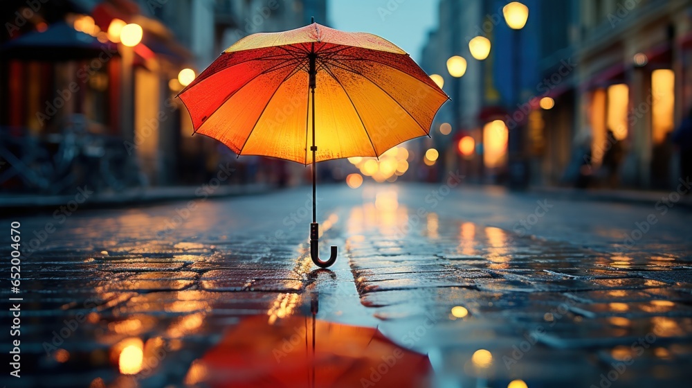 Rainy weather, colorful umbrellas, puddles, reflections