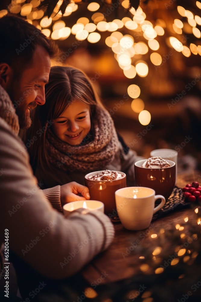 Happy family drinking hot chocolate in winter