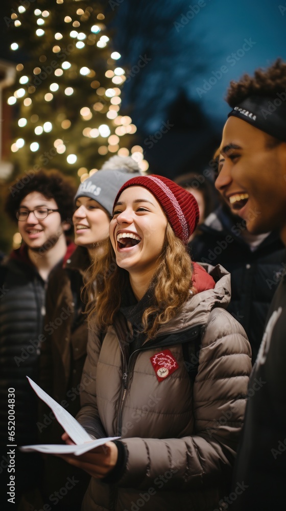 Cheerful group caroling in the neighborhood