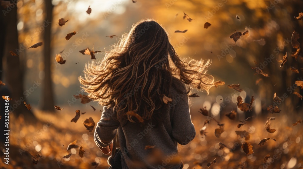 Woman running through field with falling leaves