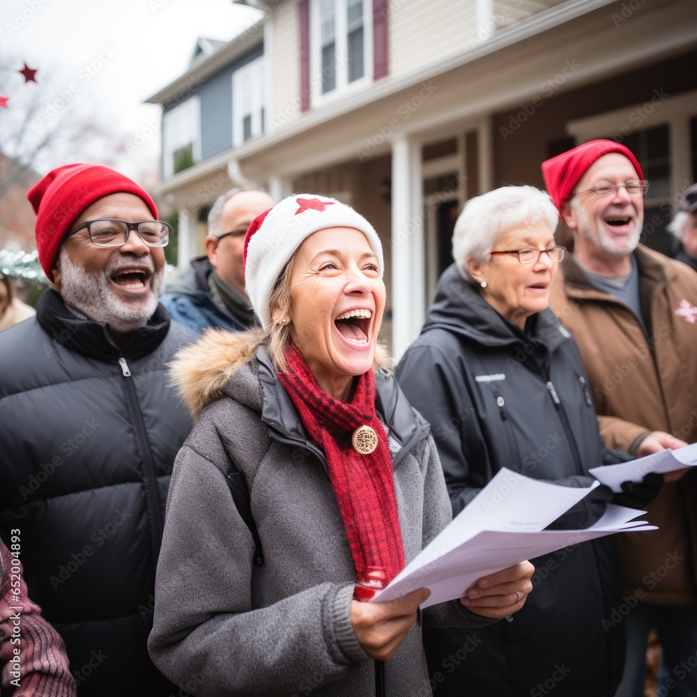 Cheerful group caroling in the neighborhood