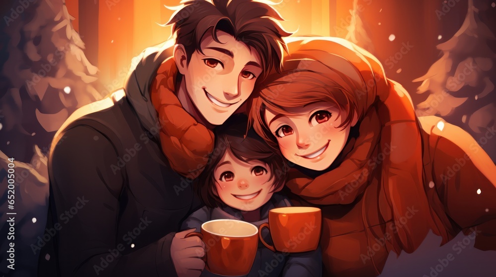 Happy family drinking hot chocolate in winter