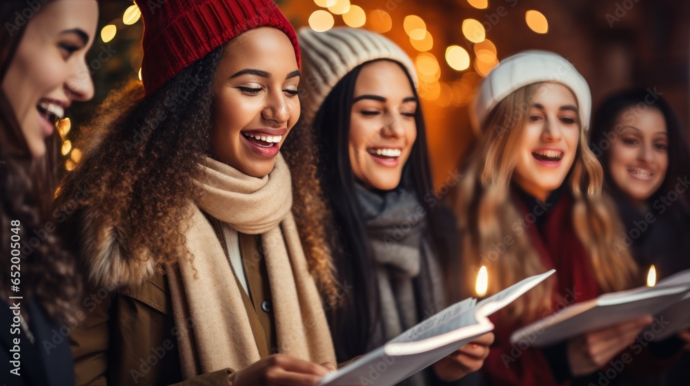 Cheerful group caroling in the neighborhood