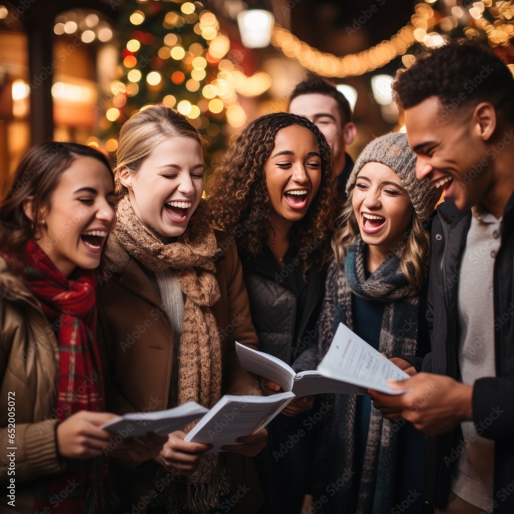 Cheerful group caroling in the neighborhood