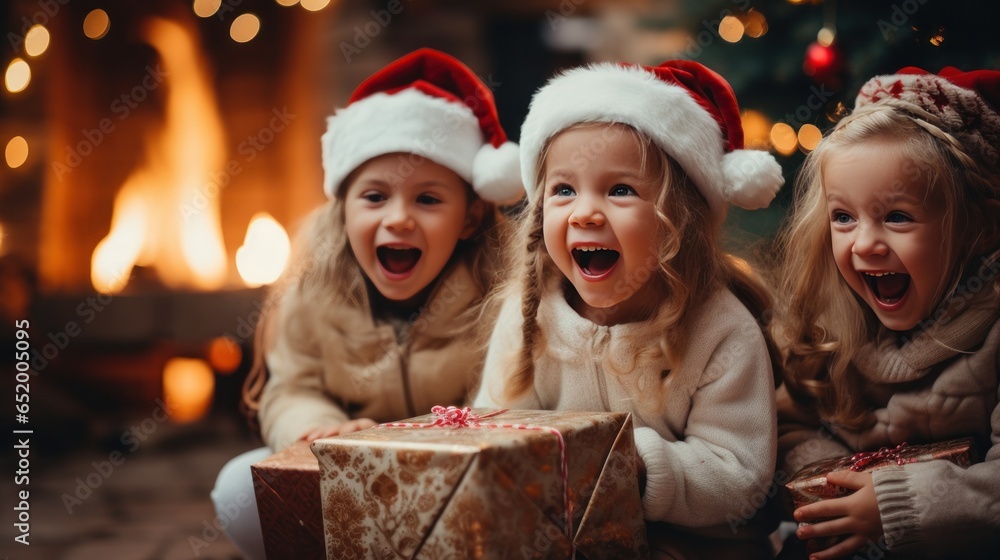 Excited children opening their presents on Christmas morning