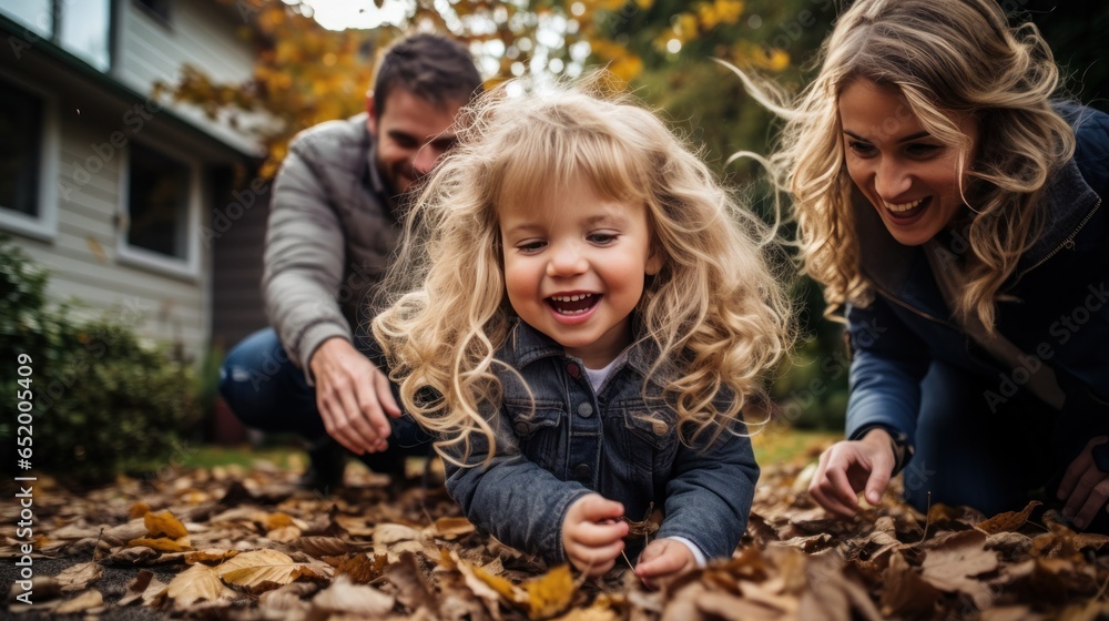 Family playing in leaves in backyard