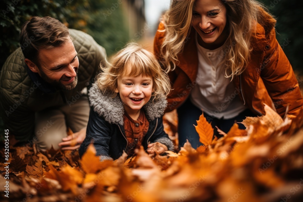 Family playing in leaves in backyard