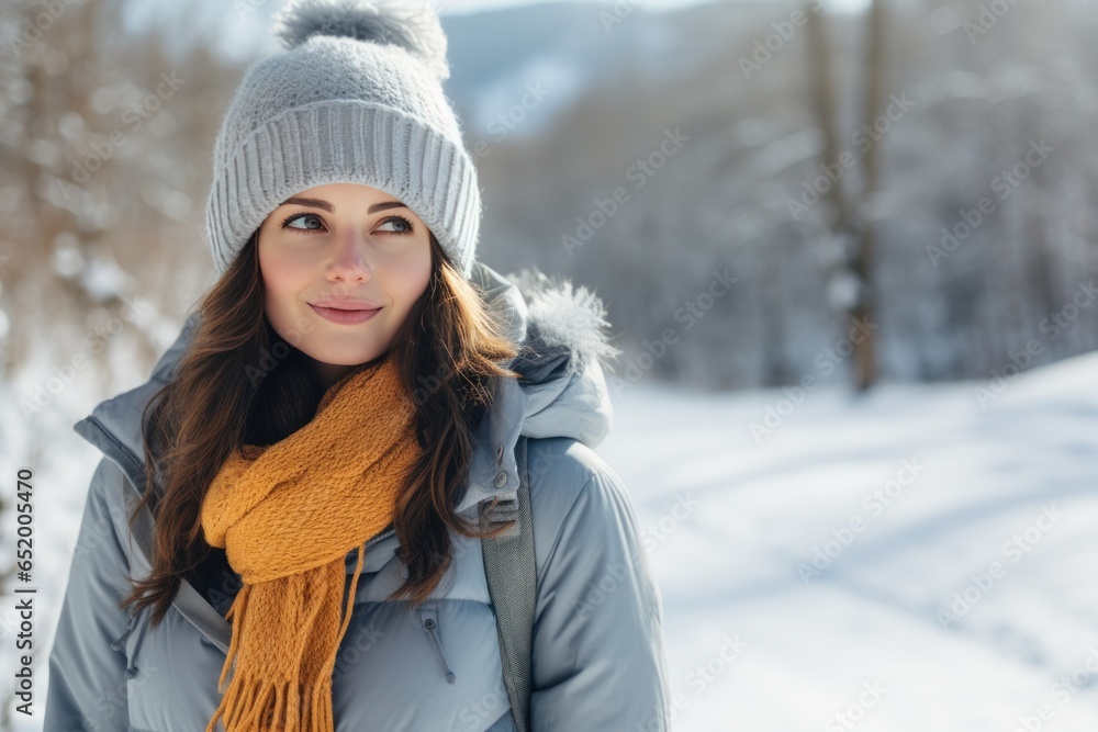 Woman with scarf and hat in snowy forest