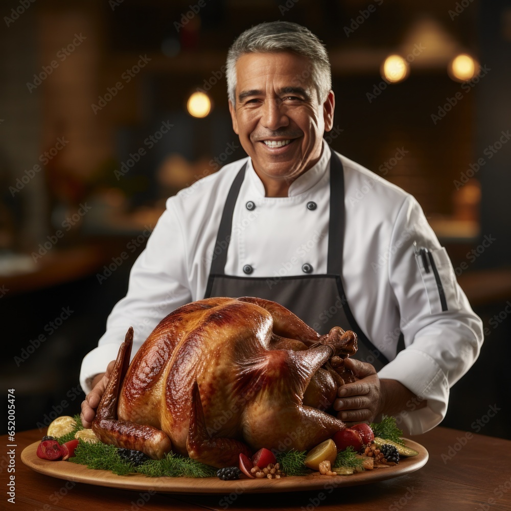 Chef holding turkey with proud expression