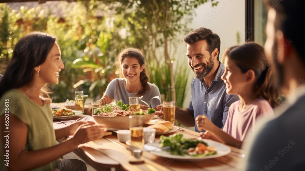 Family gathered around a table, smiling