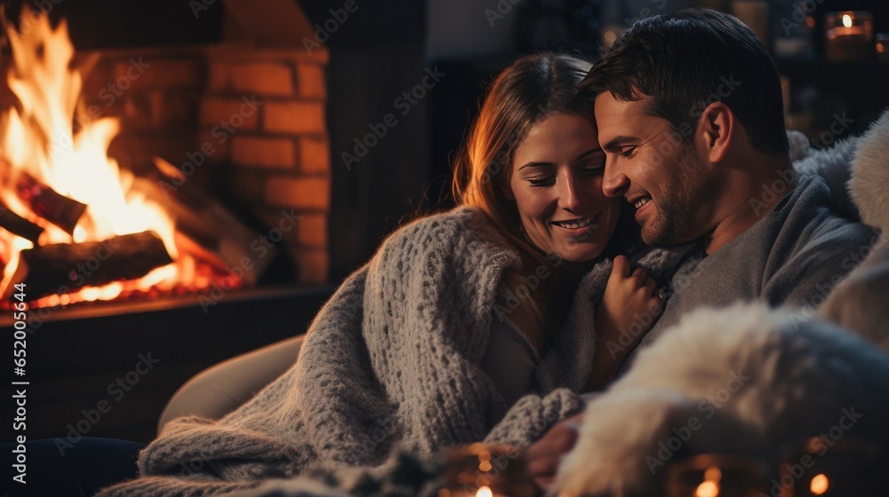 Couple cuddling by a cozy fireplace