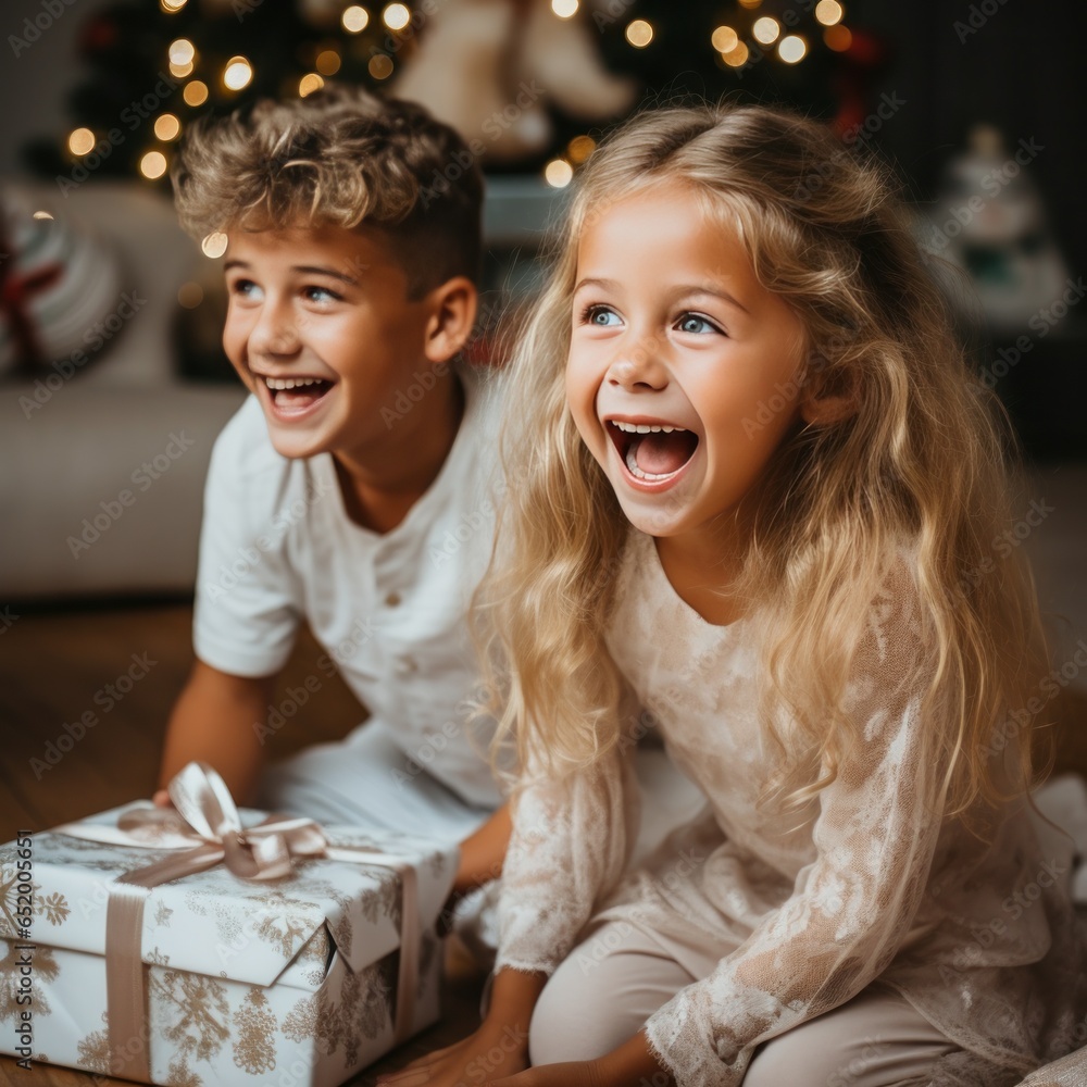 Excited children opening their presents on Christmas morning