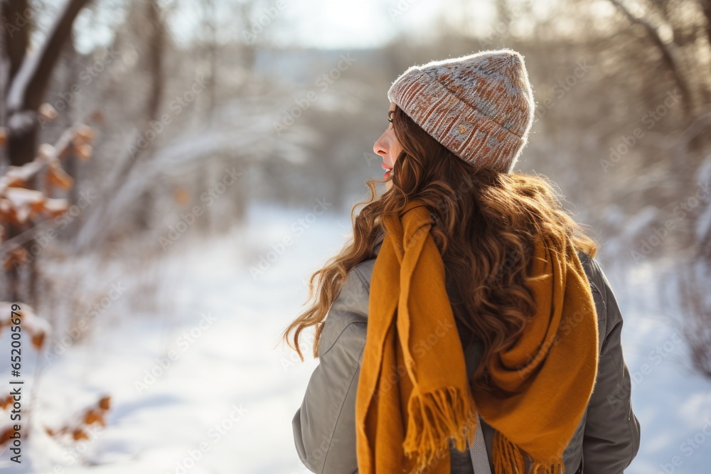 Woman with scarf and hat in snowy forest