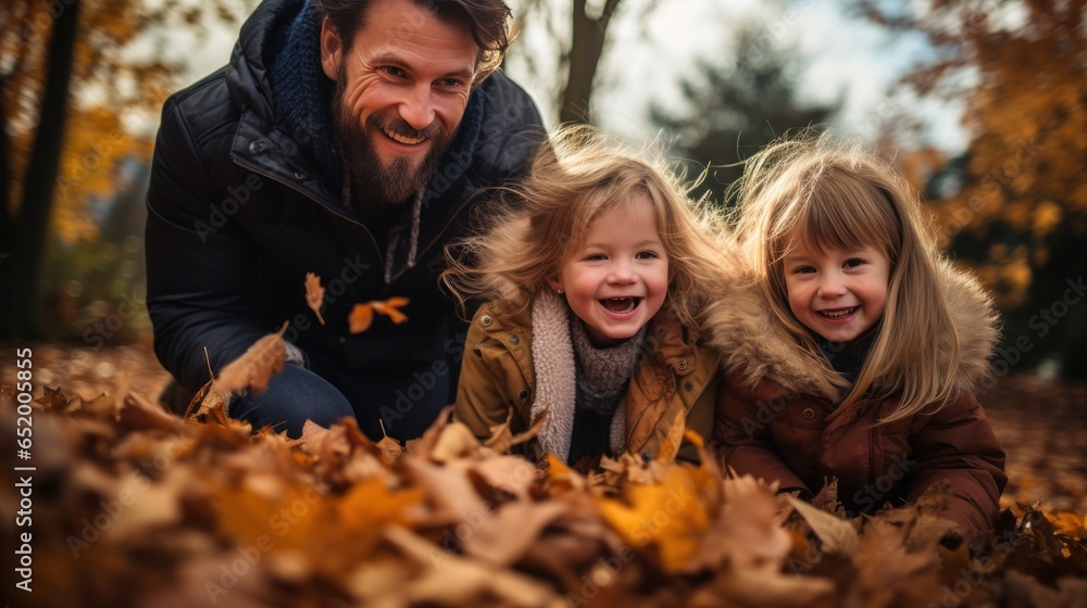 Family playing in leaves in backyard