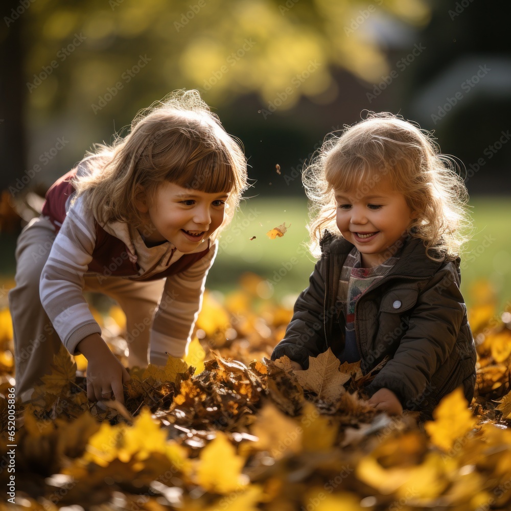 Children playing with fall leaves outside