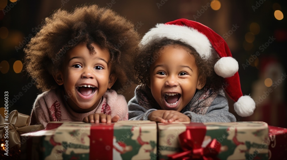 Excited children opening their presents on Christmas morning