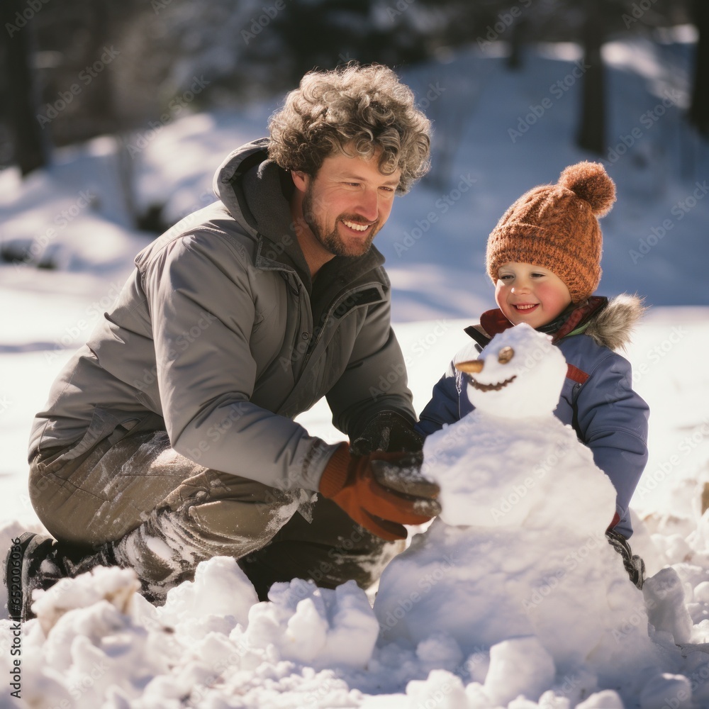 Father and son building snowman