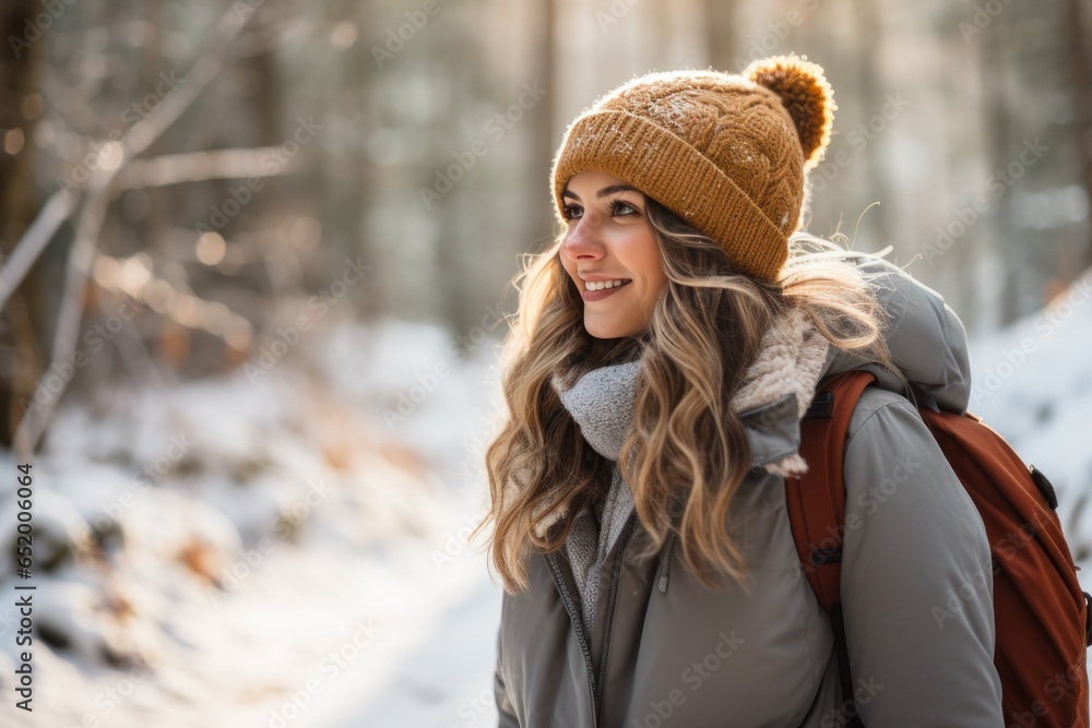 Woman with scarf and hat in snowy forest