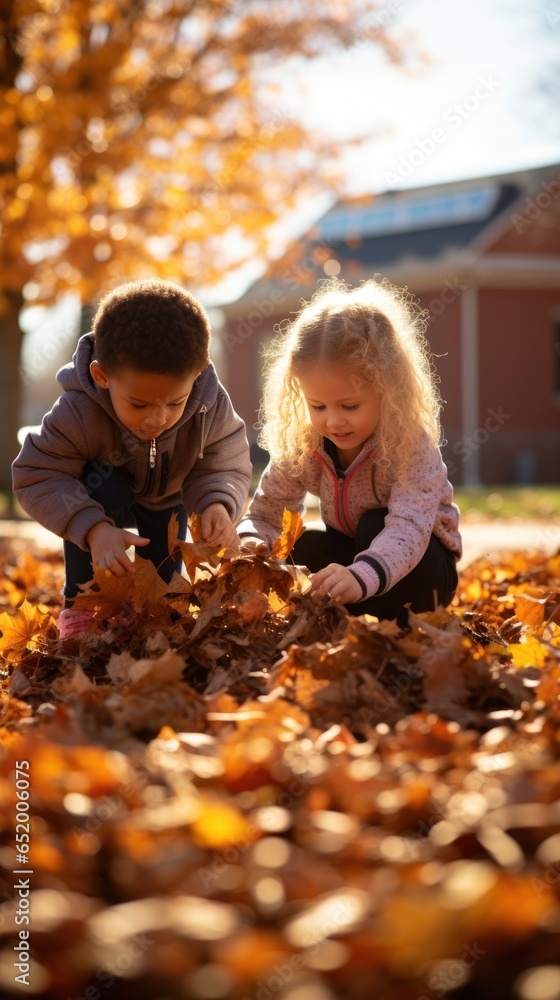 Children playing with fall leaves outside