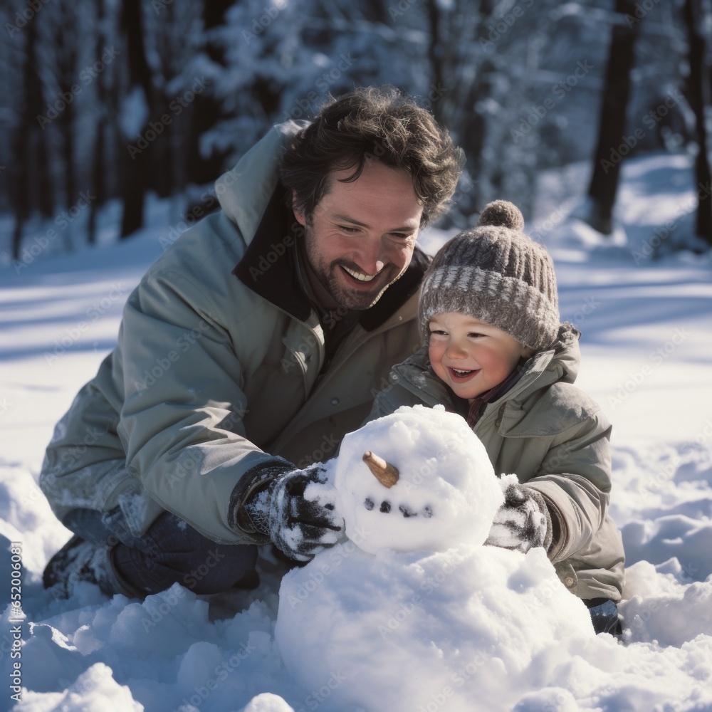 Father and son building snowman